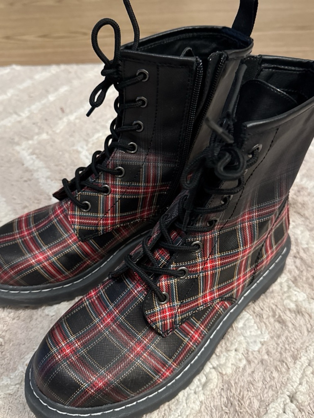 Plaid Lace-Up Combat Boots in Black and Red